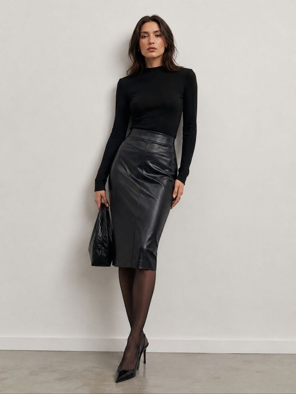 Karen Millen Black Faux Leather Pencil Midi Skirt - Size US 4